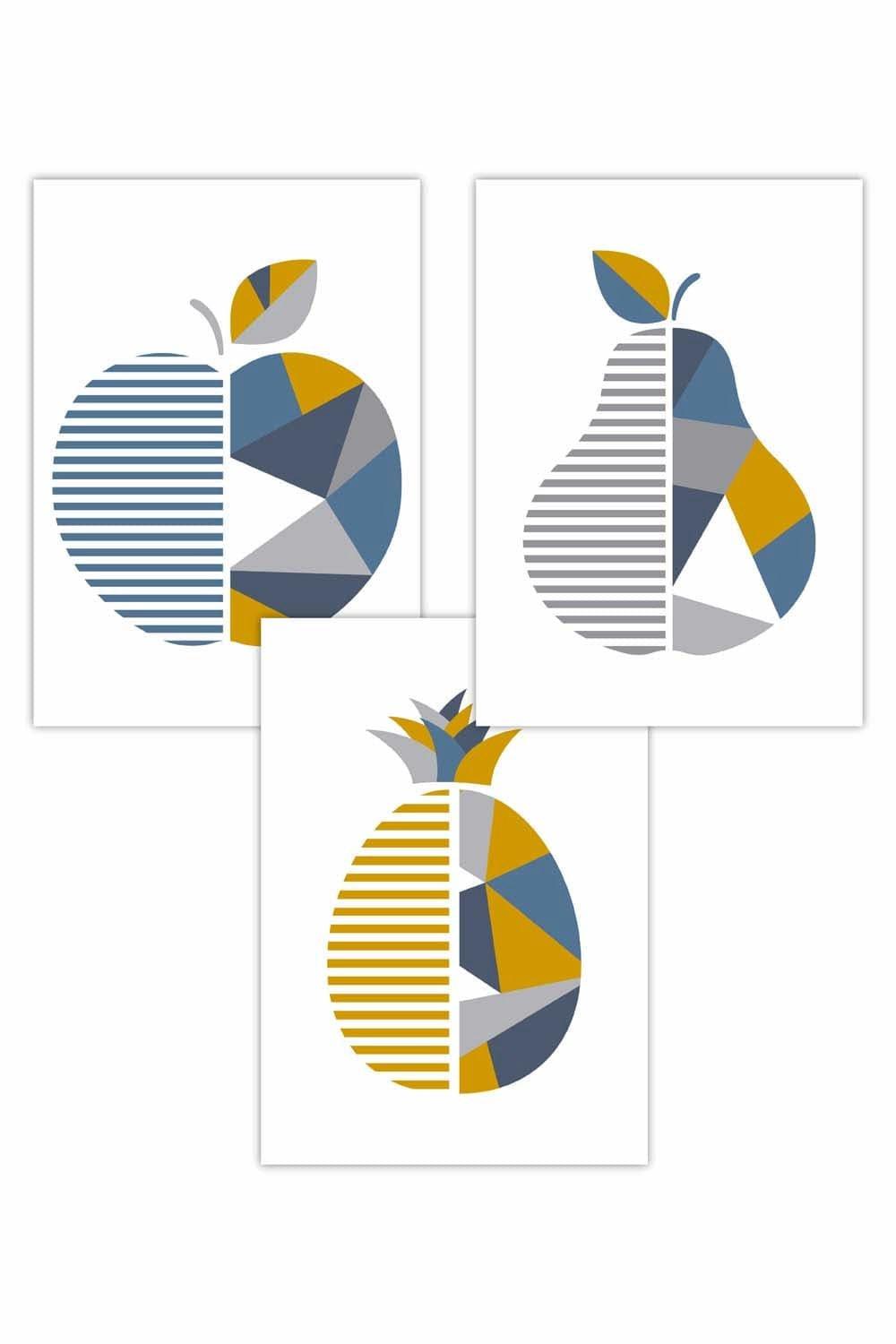 Set of 3 Geometric Fruit Apple Blue Yellow Art Posters